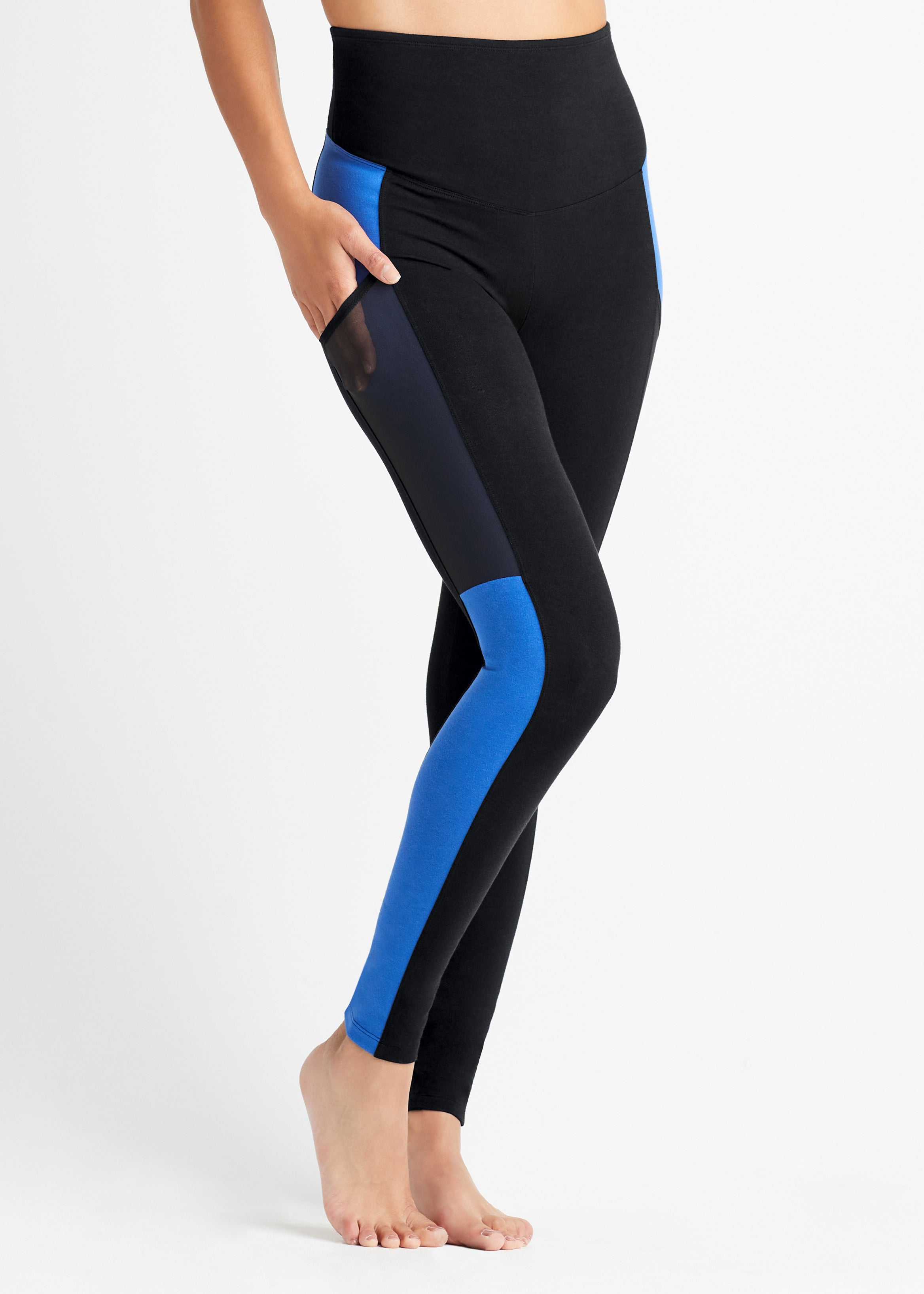 Rachel Shaping Legging w/ Mesh Pockets - 360Sculpt™ Cotton(Black/True Sapphire Stripe,XS)