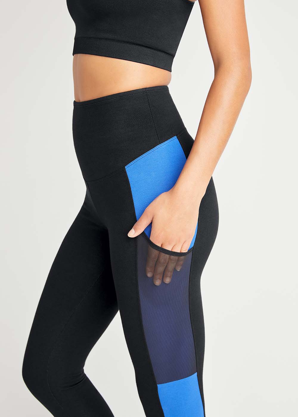 Rachel Shaping Legging w/ Mesh Pockets - 360Sculpt™ Cotton(Black/True Sapphire Stripe,XS)