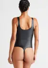 Rome Shaping Thong Bodysuit - Faux Leather(Black,S)