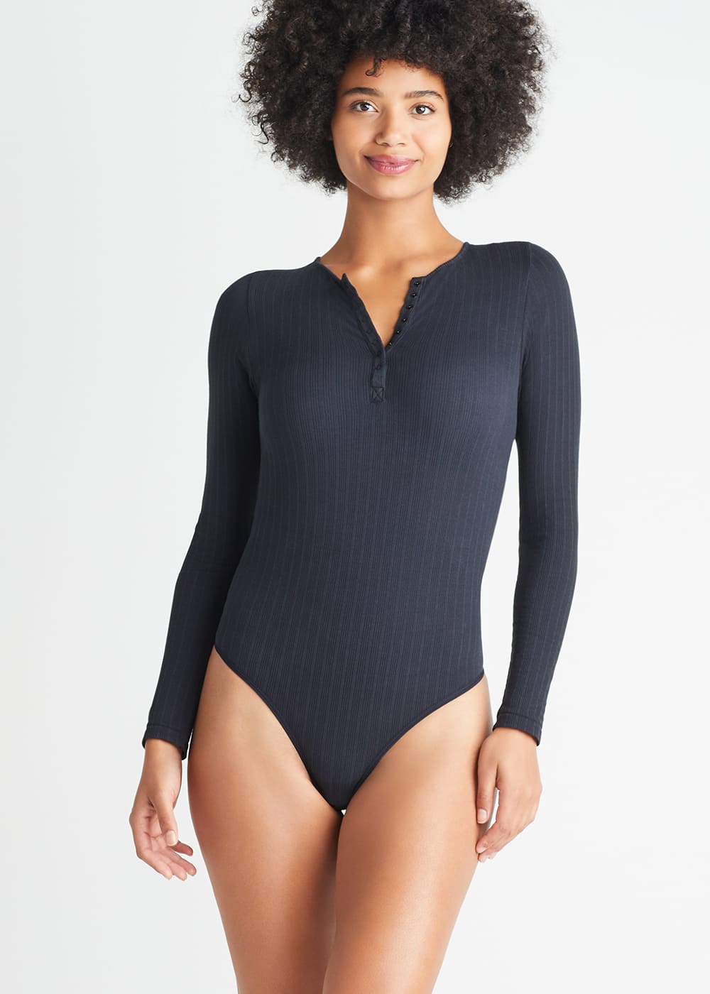 Katrina Henley Long Sleeve Thong Bodysuit(Black,S/M)