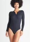 Katrina Henley Long Sleeve Thong Bodysuit(Black,S/M)