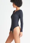 Katrina Henley Long Sleeve Thong Bodysuit(Black,S/M)