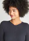 Katrina Henley Long Sleeve Thong Bodysuit(Black,S/M)