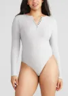 Katrina Henley Long Sleeve Thong Bodysuit(Heather Grey,S/M)