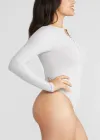 Katrina Henley Long Sleeve Thong Bodysuit(Heather Grey,S/M)