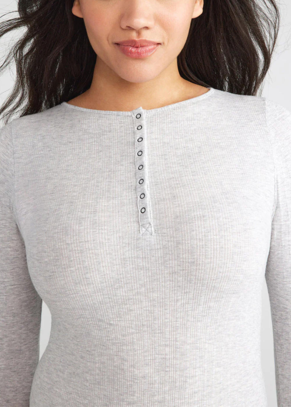 Katrina Henley Long Sleeve Thong Bodysuit(Heather Grey,S/M)