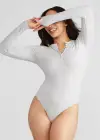 Katrina Henley Long Sleeve Thong Bodysuit(Heather Grey,S/M)