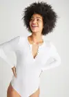 Katrina Henley Long Sleeve Thong Bodysuit(White,S/M)