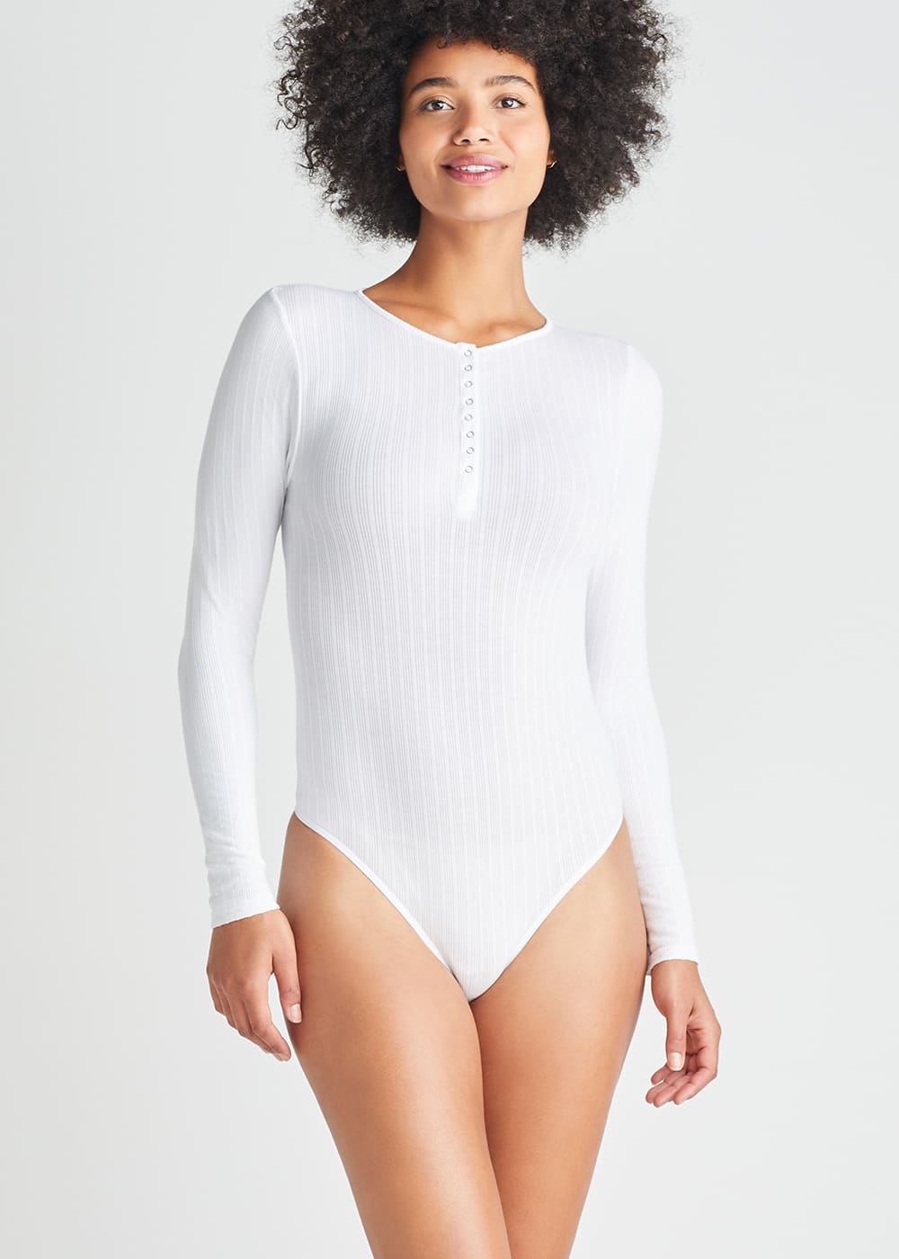 Katrina Henley Long Sleeve Thong Bodysuit(White,S/M)