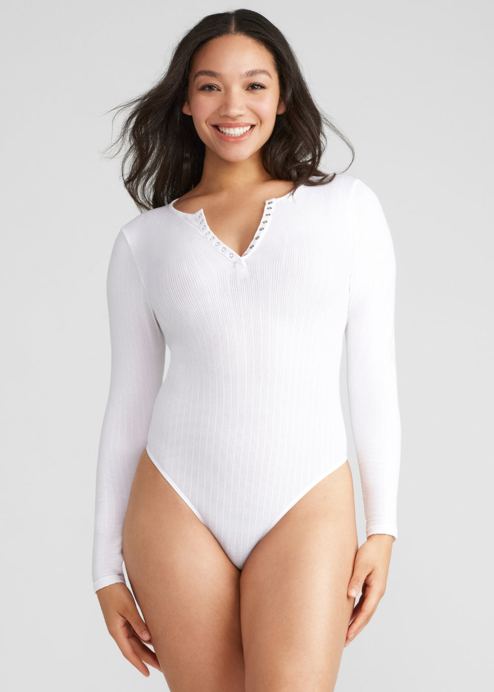 Katrina Henley Long Sleeve Thong Bodysuit(White,S/M)