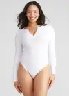 Katrina Henley Long Sleeve Thong Bodysuit(White,S/M)