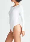 Katrina Henley Long Sleeve Thong Bodysuit(White,S/M)