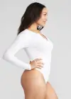 Katrina Henley Long Sleeve Thong Bodysuit(White,S/M)