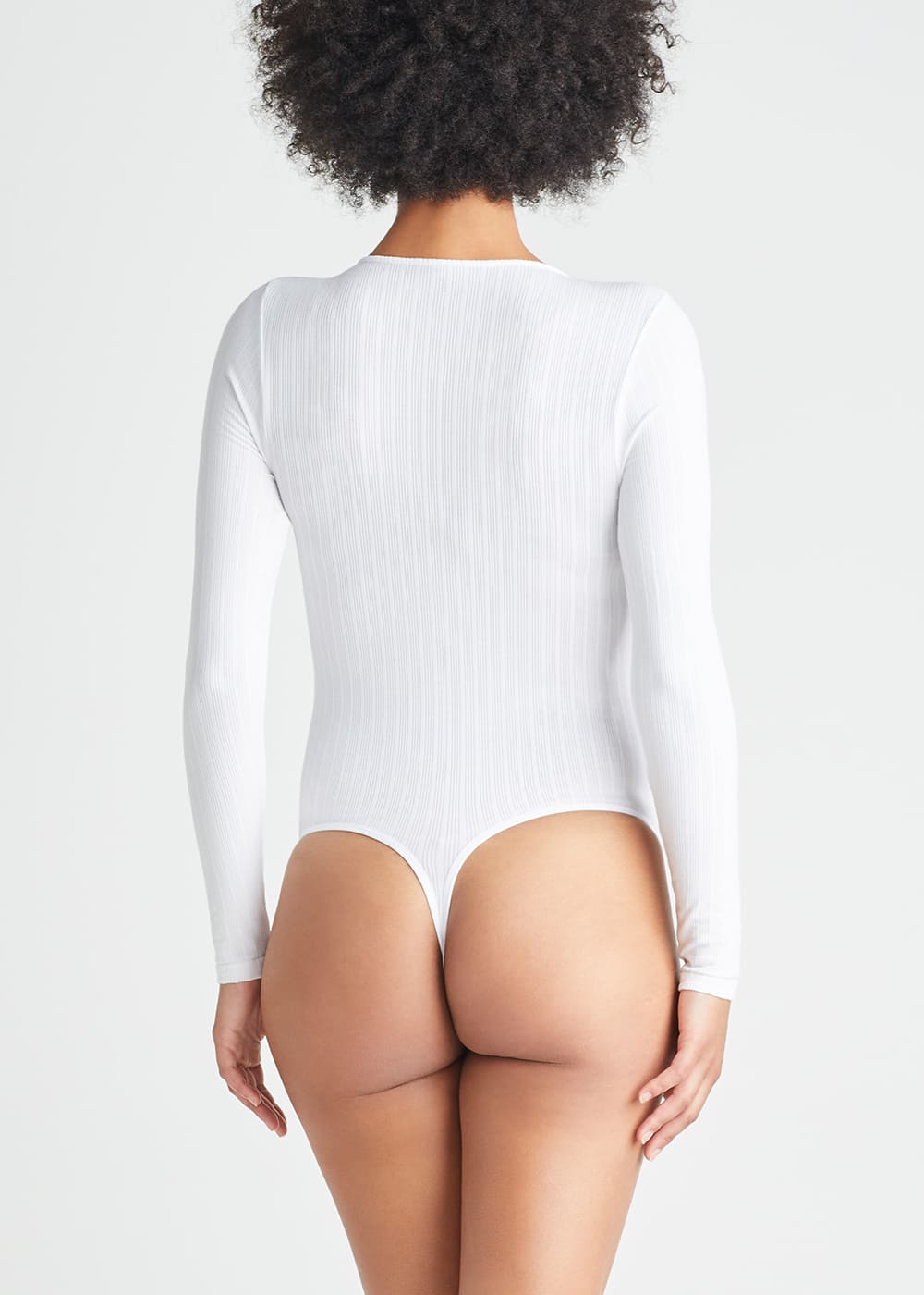 Katrina Henley Long Sleeve Thong Bodysuit(White,S/M)