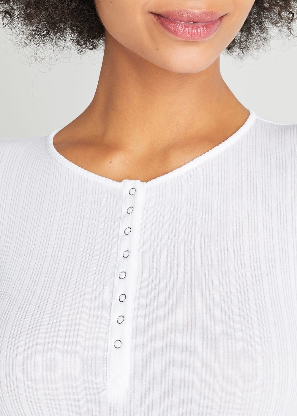 Katrina Henley Long Sleeve Thong Bodysuit(White,S/M)