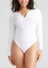 Katrina Henley Long Sleeve Thong Bodysuit(White,S/M)
