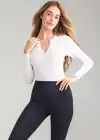 Katrina Henley Long Sleeve Thong Bodysuit(White,S/M)