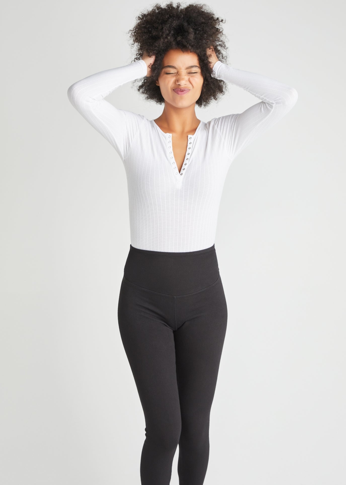 Katrina Henley Long Sleeve Thong Bodysuit(White,S/M)