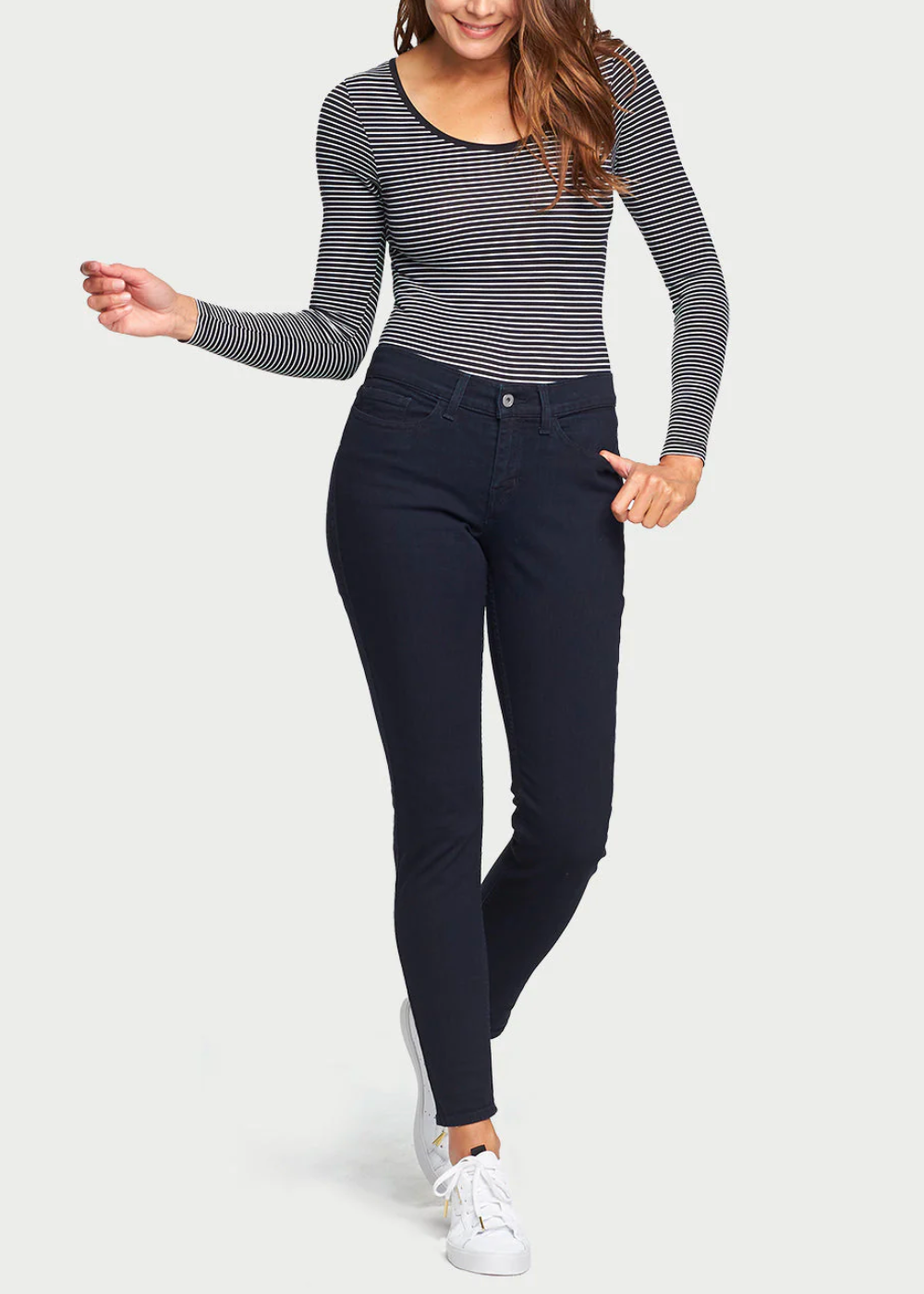 Long Sleeve Shaping Bodysuit - 360Sculpt™ Cotton(Black & White Stripe,S/M)
