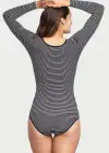 Long Sleeve Shaping Bodysuit - 360Sculpt™ Cotton(Black & White Stripe,S/M)