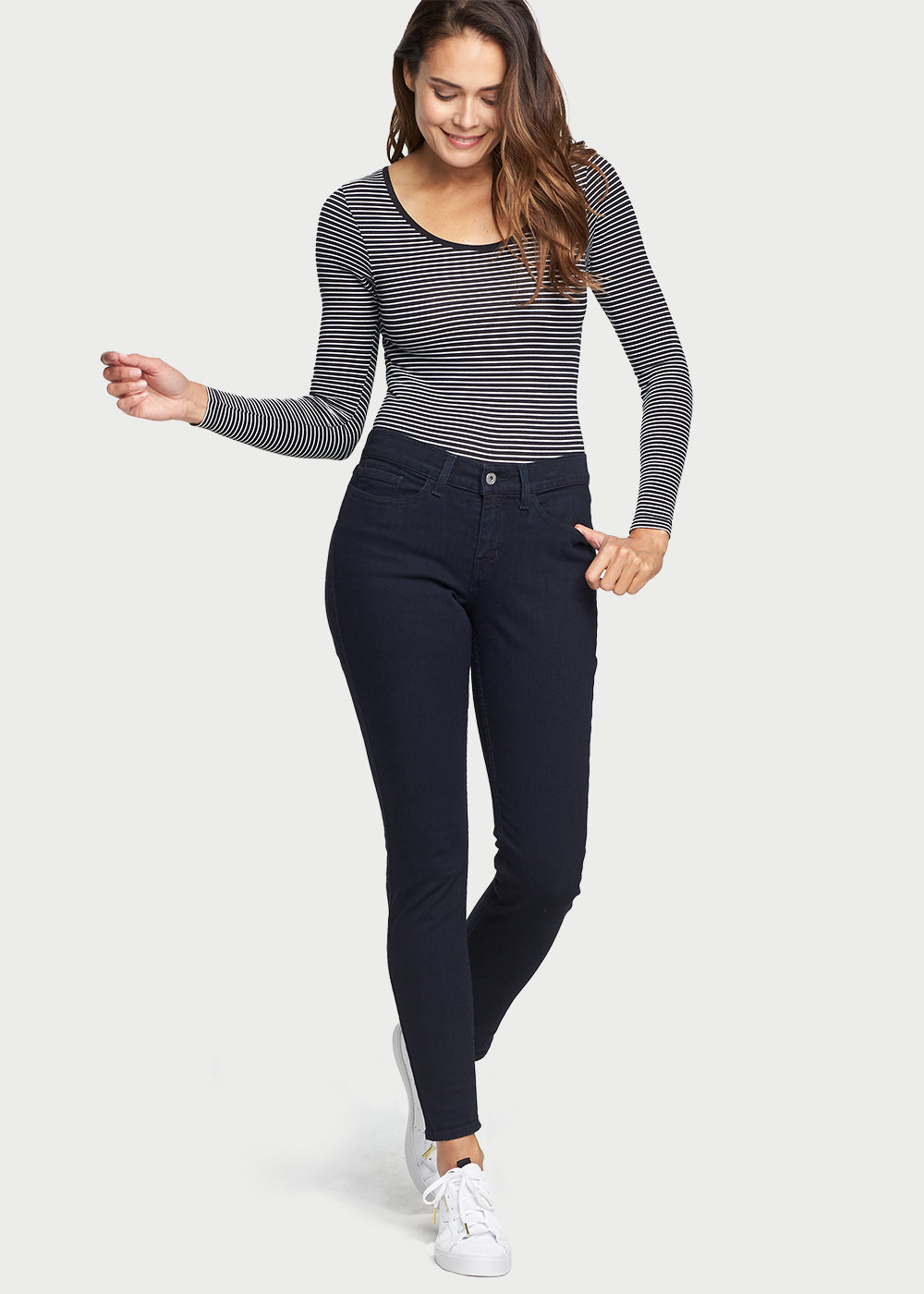 Long Sleeve Shaping Bodysuit - 360Sculpt™ Cotton(Black & White Stripe,S/M)